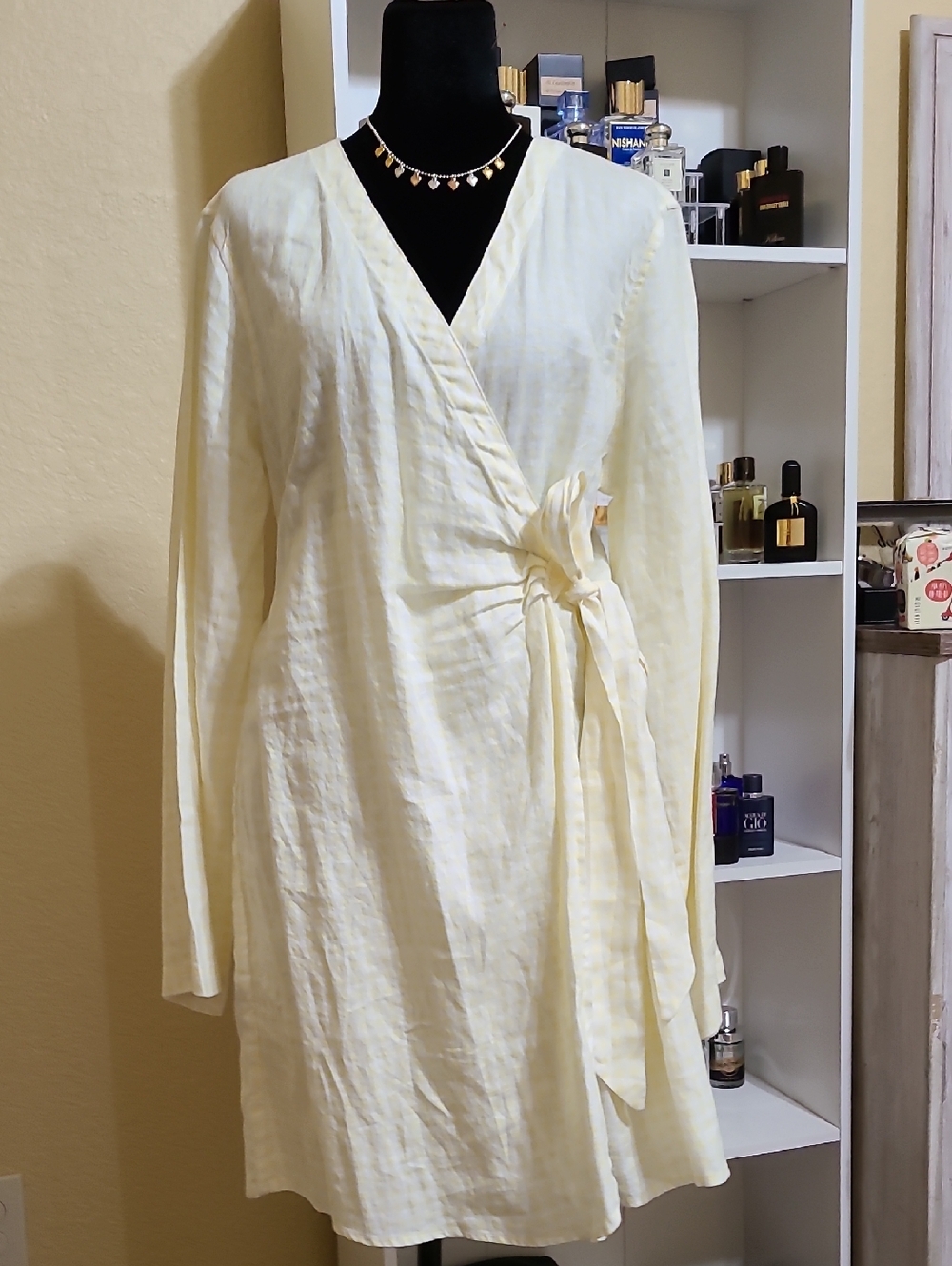 Saks Fifth Avenue Light Yellow & White Plaid Wrap Dress